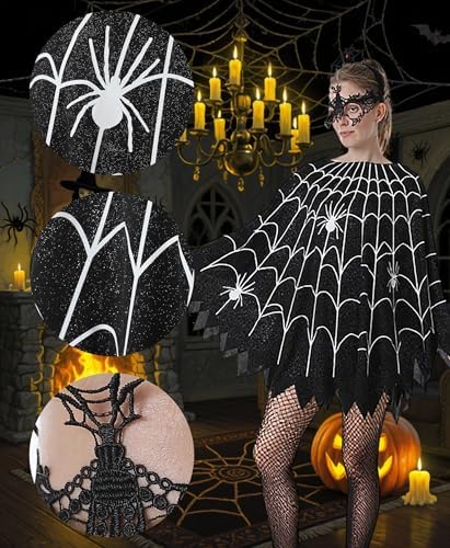 Spider Web Poncho for Women, Glow in the Dark Halloween Dress Cosplay Costume with Headband and Mask Outfit