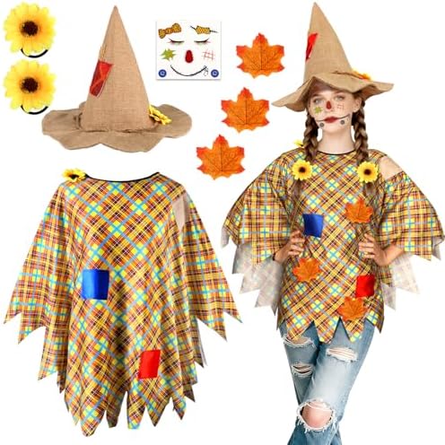 Scarecrow Costume Women with Scarecrow Hat Poncho and Face Decals Sunflowers Leaves for Halloween Thanksgiving Party