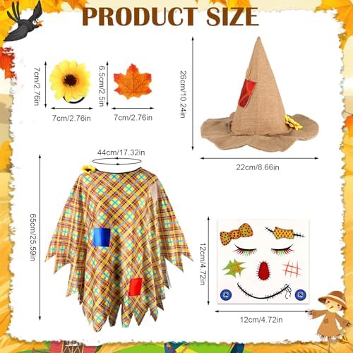 Scarecrow Costume Women with Scarecrow Hat Poncho and Face Decals Sunflowers Leaves for Halloween Thanksgiving Party
