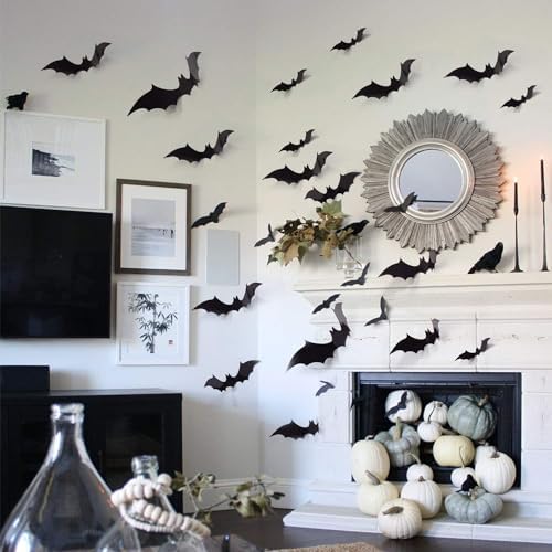 56pack Bats Wall Decor Black Scary Wall Bats for Halloween, 3D Bats Halloween Wall Decor, Scary Decoration for Halloween Party Porch