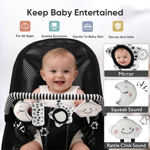 Baby Bouncer Toy Bar Soft with 4 Hanging Sensory Toys Attachment, Compatible with Baby Bjorn Bouncer, with Mirror, Rattle, Crinkle Sound for Babies All Ages (Black and White Shapes)