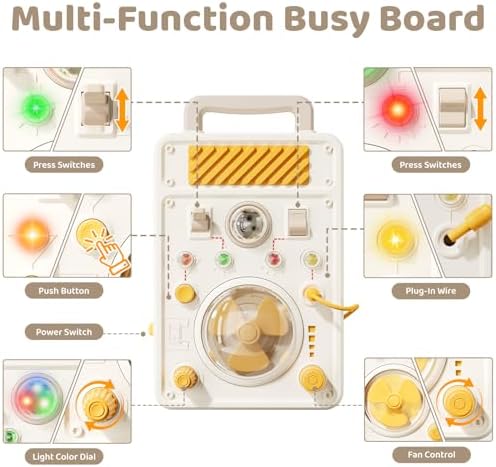 Busy Board for Toddlers 1-3 Year Old - Electronic Light & Activity with Buttons, Switches, Fan & Rotating Knobs | Sensory Learning Travel Toys & Gifts for 2 Year Old Boy/Girl