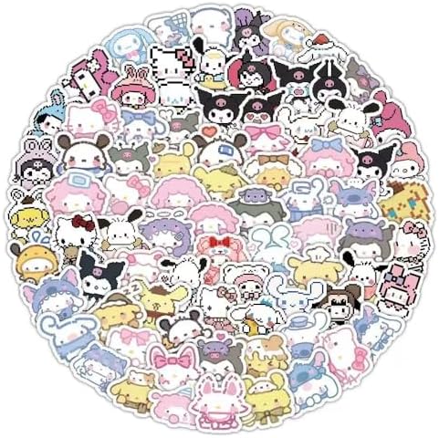 100pcs Sanrio Cartoon Stickers, Kawaii Hello Kitty Kuromi Mymelody Waterproof Vinyl Decal for Teen Boys and Girls Adult Laptop, Travel Case, Phone, Bike, Water Bottle, Guitar, Computer, Skateboard
