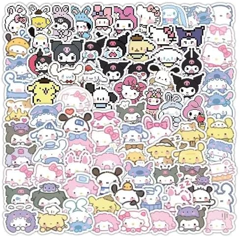 100pcs Sanrio Cartoon Stickers, Kawaii Hello Kitty Kuromi Mymelody Waterproof Vinyl Decal for Teen Boys and Girls Adult Laptop, Travel Case, Phone, Bike, Water Bottle, Guitar, Computer, Skateboard