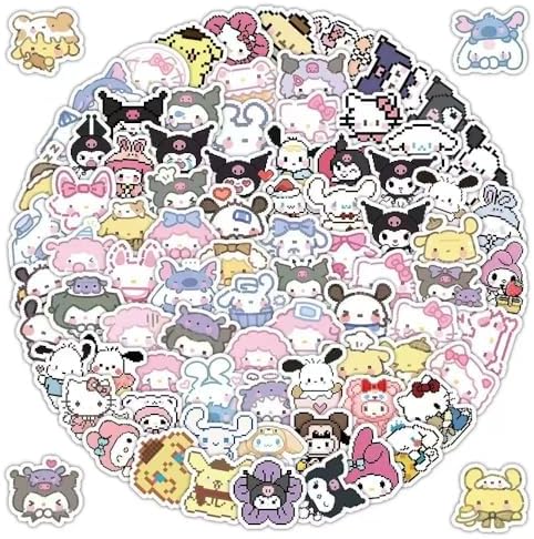 100pcs Sanrio Cartoon Stickers, Kawaii Hello Kitty Kuromi Mymelody Waterproof Vinyl Decal for Teen Boys and Girls Adult Laptop, Travel Case, Phone, Bike, Water Bottle, Guitar, Computer, Skateboard