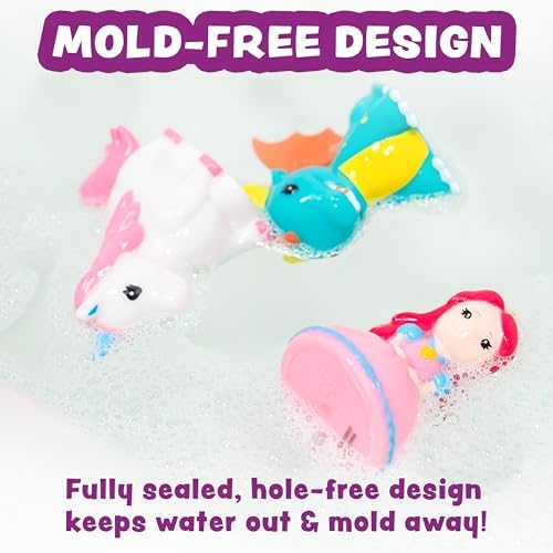 Fantasy Watertight Bath Toys, 6 Pack | Sealed, No Hole Bath Toys Design Keeps Moisture Out | Soft, Squeezable & Float on Water | Baby & Toddler Bathtub Toy | Unicorn Baby Girl Bathtub Toy