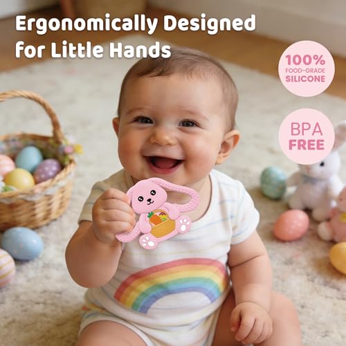 Easter Basket Stuffers Baby Teething Toys, Bunny Silicone Teething Toy for Babies 0 3 6 9 12 18 Months, Easter Basket Stuffer Essential, Baby Rabbit Carrots Teether for Baby & Toddler First Gifts