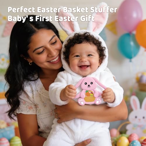 Easter Basket Stuffers Baby Teething Toys, Bunny Silicone Teething Toy for Babies 0 3 6 9 12 18 Months, Easter Basket Stuffer Essential, Baby Rabbit Carrots Teether for Baby & Toddler First Gifts