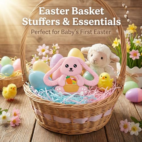 Easter Basket Stuffers Baby Teething Toys, Bunny Silicone Teething Toy for Babies 0 3 6 9 12 18 Months, Easter Basket Stuffer Essential, Baby Rabbit Carrots Teether for Baby & Toddler First Gifts