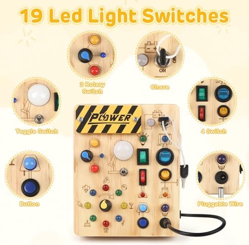 LED Busy Board for Toddlers 1-3,Montessori Sensory Toy with Key Switch and Plug, Light Up Wood Activity Switch Board for Fine Motor Skills, Educational Travel Toy Gift for 1 2 3 Year Old Boys Girls