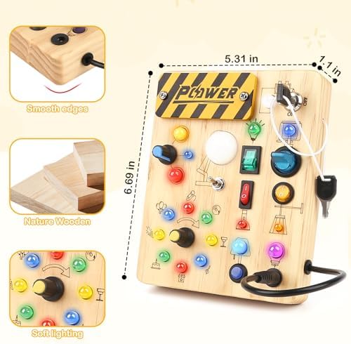 LED Busy Board for Toddlers 1-3,Montessori Sensory Toy with Key Switch and Plug, Light Up Wood Activity Switch Board for Fine Motor Skills, Educational Travel Toy Gift for 1 2 3 Year Old Boys Girls