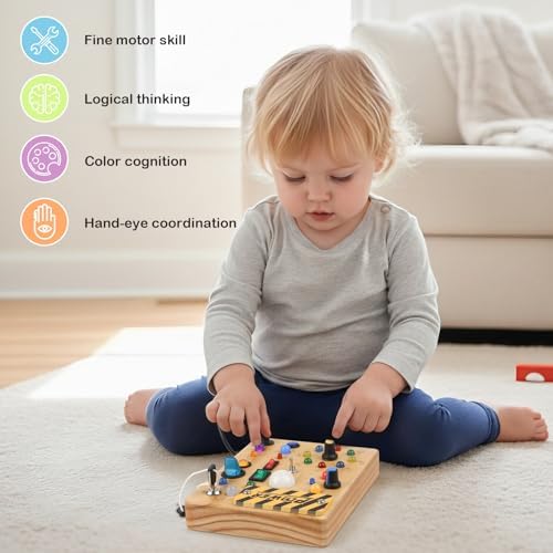 LED Busy Board for Toddlers 1-3,Montessori Sensory Toy with Key Switch and Plug, Light Up Wood Activity Switch Board for Fine Motor Skills, Educational Travel Toy Gift for 1 2 3 Year Old Boys Girls