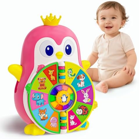 Interactive Musical Penguin Toys for 1,2+ Year Old Girl Boy, See-and-Say Learning Toy for Toddlers 1-3 with 5-Theme Pages, Lights & Music, Educational Gift for 1,2 Year Old 12-18 Month Age (Pink)