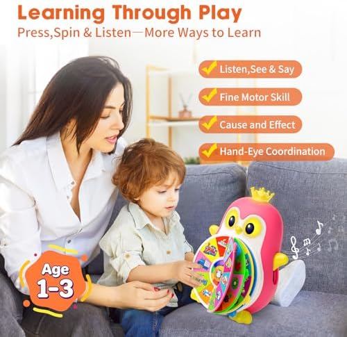 Interactive Musical Penguin Toys for 1,2+ Year Old Girl Boy, See-and-Say Learning Toy for Toddlers 1-3 with 5-Theme Pages, Lights & Music, Educational Gift for 1,2 Year Old 12-18 Month Age (Pink)