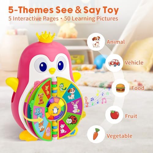 Interactive Musical Penguin Toys for 1,2+ Year Old Girl Boy, See-and-Say Learning Toy for Toddlers 1-3 with 5-Theme Pages, Lights & Music, Educational Gift for 1,2 Year Old 12-18 Month Age (Pink)