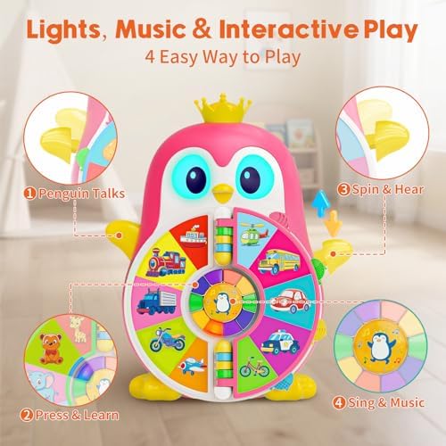 Interactive Musical Penguin Toys for 1,2+ Year Old Girl Boy, See-and-Say Learning Toy for Toddlers 1-3 with 5-Theme Pages, Lights & Music, Educational Gift for 1,2 Year Old 12-18 Month Age (Pink)