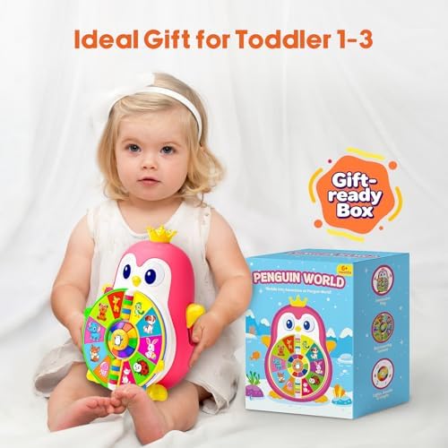 Interactive Musical Penguin Toys for 1,2+ Year Old Girl Boy, See-and-Say Learning Toy for Toddlers 1-3 with 5-Theme Pages, Lights & Music, Educational Gift for 1,2 Year Old 12-18 Month Age (Pink)