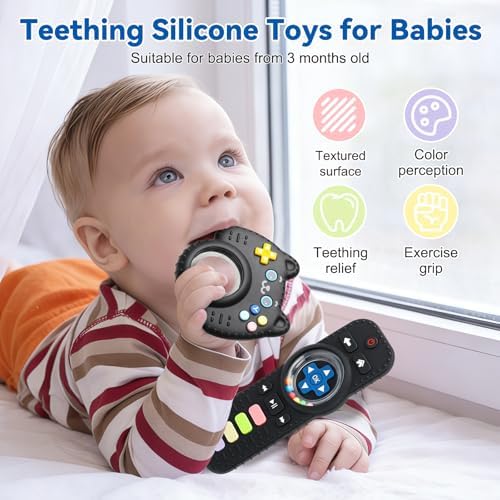 2 Pack Baby Rattles Teething Toy for Babies 3-6 Months, Teething Relief for Infant 6-24 Months, Silicone Teethers TV Remote Boys and Girls Sensory Toy