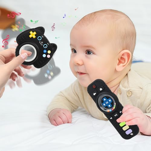 2 Pack Baby Rattles Teething Toy for Babies 3-6 Months, Teething Relief for Infant 6-24 Months, Silicone Teethers TV Remote Boys and Girls Sensory Toy