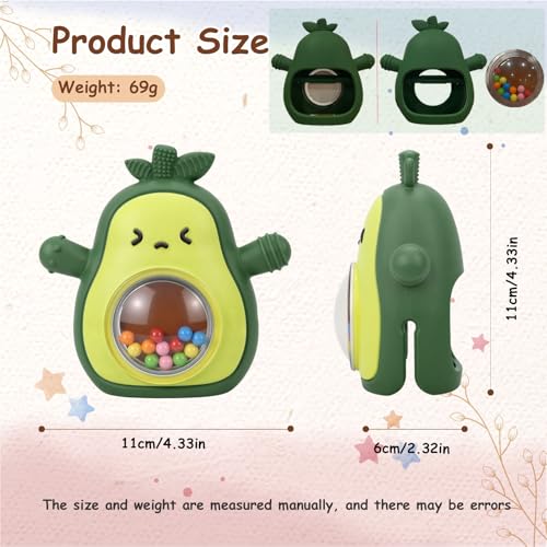 Baby Rattle Teething Toys Silicone Avocado Teething Mitten Over 3 Months-Sensory Toys for Grasping Chewing Sucking Hearing Needs-Baby Teether for Teething Relief-BPA Free Infant Toys Baby Shower Gifts