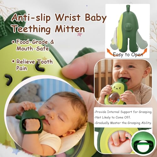 Baby Rattle Teething Toys Silicone Avocado Teething Mitten Over 3 Months-Sensory Toys for Grasping Chewing Sucking Hearing Needs-Baby Teether for Teething Relief-BPA Free Infant Toys Baby Shower Gifts