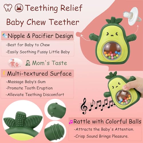 Baby Rattle Teething Toys Silicone Avocado Teething Mitten Over 3 Months-Sensory Toys for Grasping Chewing Sucking Hearing Needs-Baby Teether for Teething Relief-BPA Free Infant Toys Baby Shower Gifts
