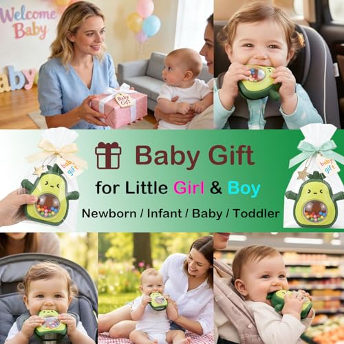 Baby Rattle Teething Toys Silicone Avocado Teething Mitten Over 3 Months-Sensory Toys for Grasping Chewing Sucking Hearing Needs-Baby Teether for Teething Relief-BPA Free Infant Toys Baby Shower Gifts