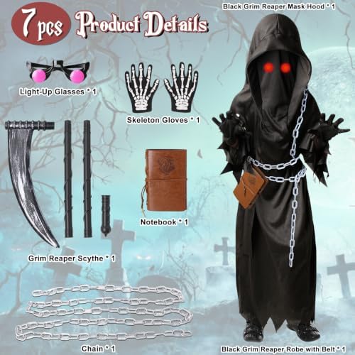 Grim Reaper Costume Kids Boys,7 PCS Scary Halloween Costumes for Kid