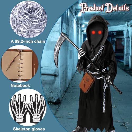 Grim Reaper Costume Kids Boys,7 PCS Scary Halloween Costumes for Kid