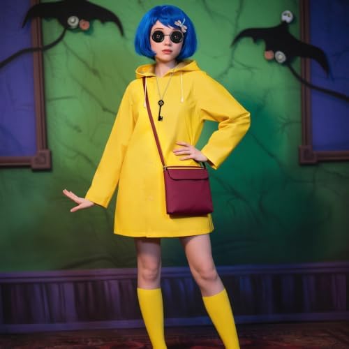 Mystical Adventure Costume Set for Women & Teens, Blue Wig, Yellow Raincoat & Socks, Crossbody Bag, Button Glasses, Key Necklace– Perfect for Halloween, Cosplay Themed Parties