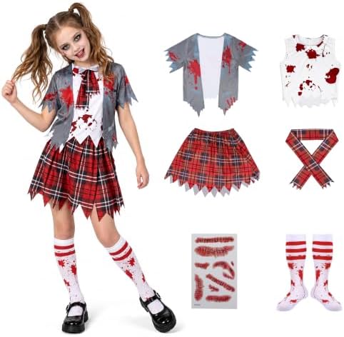 Girls Zombie Schoolgirl Costume for Halloween, Bloody School Uniform Outfit, Scary Costume for Kids Ages 5-14