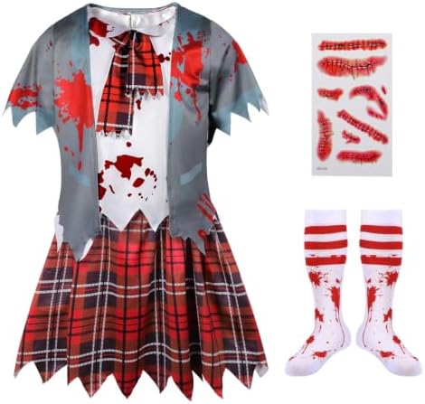 Girls Zombie Schoolgirl Costume for Halloween, Bloody School Uniform Outfit, Scary Costume for Kids Ages 5-14