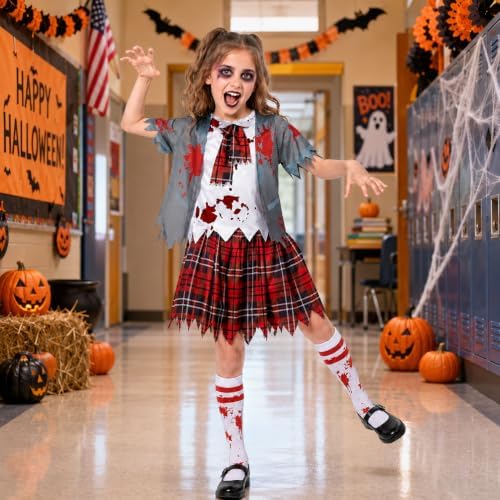 Girls Zombie Schoolgirl Costume for Halloween, Bloody School Uniform Outfit, Scary Costume for Kids Ages 5-14