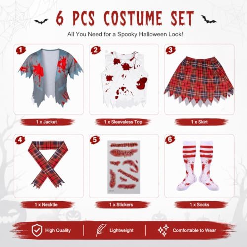 Girls Zombie Schoolgirl Costume for Halloween, Bloody School Uniform Outfit, Scary Costume for Kids Ages 5-14