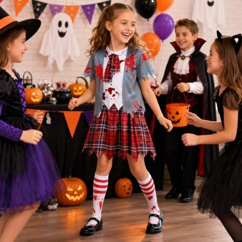 Girls Zombie Schoolgirl Costume for Halloween, Bloody School Uniform Outfit, Scary Costume for Kids Ages 5-14