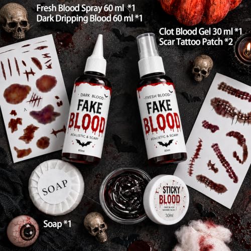 Fake Blood Spray, 6 Pcs Stage Blood Kit for Halloween Makeup, Fake Scars