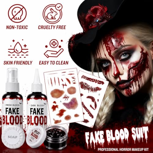Fake Blood Spray, 6 Pcs Stage Blood Kit for Halloween Makeup, Fake Scars