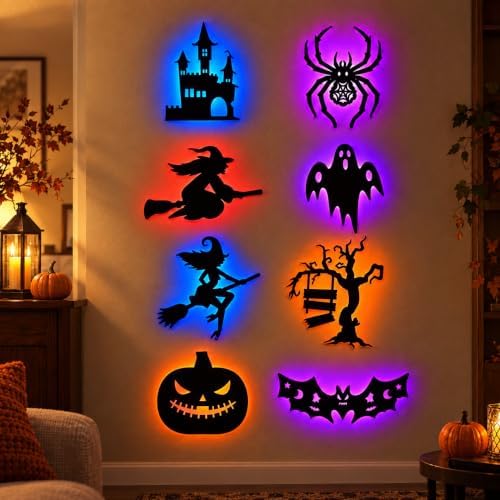 Halloween LED Window Lights, 8-Piece Bat and Witch Wall Decorations，Black：3