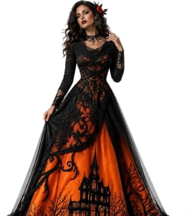Witch Dress for Women,Halloween Vampire Costumes Treehouse Thorns Witches Gothic Maxi Mesh Dresses