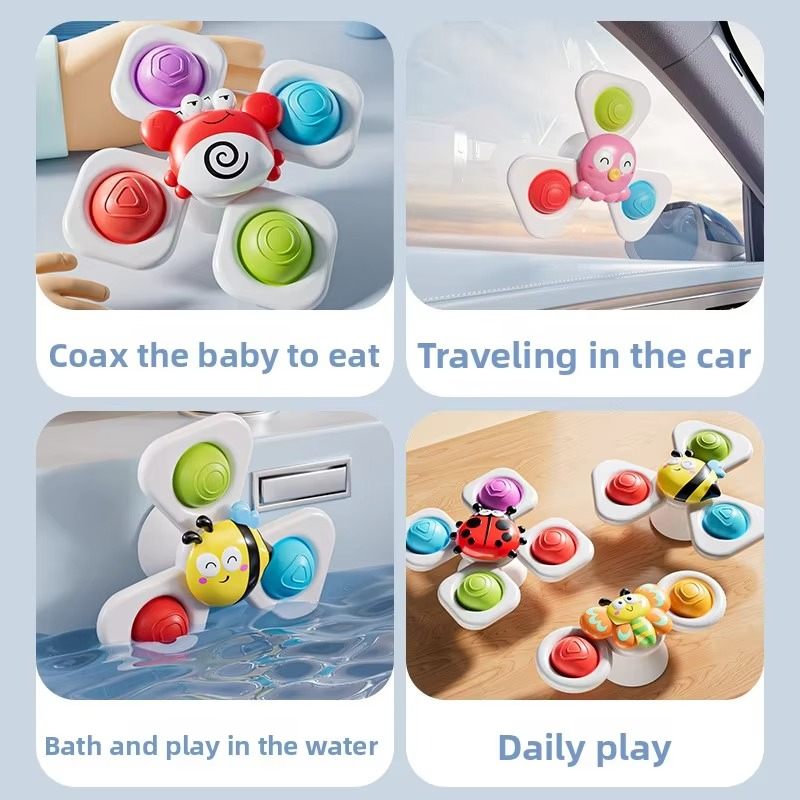 3PCS Suction Cup Spinner Toys for Toddlers, Cartoon Animal Spinning Sensory Toys for Baby High Chair Tray, Window, Bath, Table & Travel, Interactive Fine Motor Toys for Kids