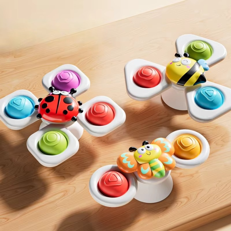 3PCS Suction Cup Spinner Toys for Toddlers, Cartoon Animal Spinning Sensory Toys for Baby High Chair Tray, Window, Bath, Table & Travel, Interactive Fine Motor Toys for Kids