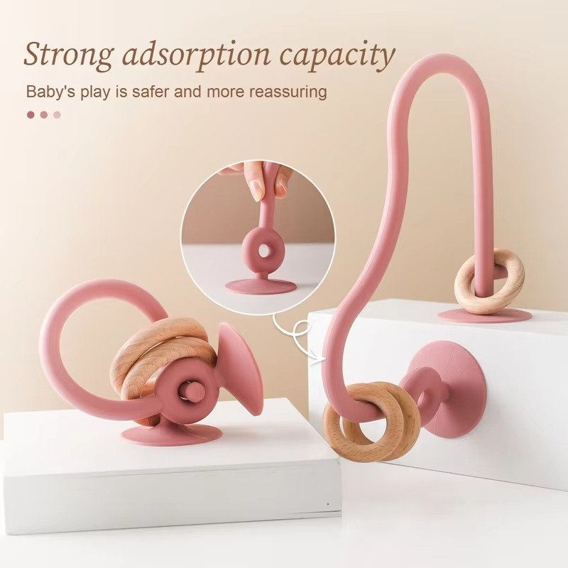 High Chair Suction Toy for High Chair Trays, Baby Suction Cup Toy with Large Suction Base, Food Grade Silicone and Wooden Rings, Sensory Toy 6-12 Months