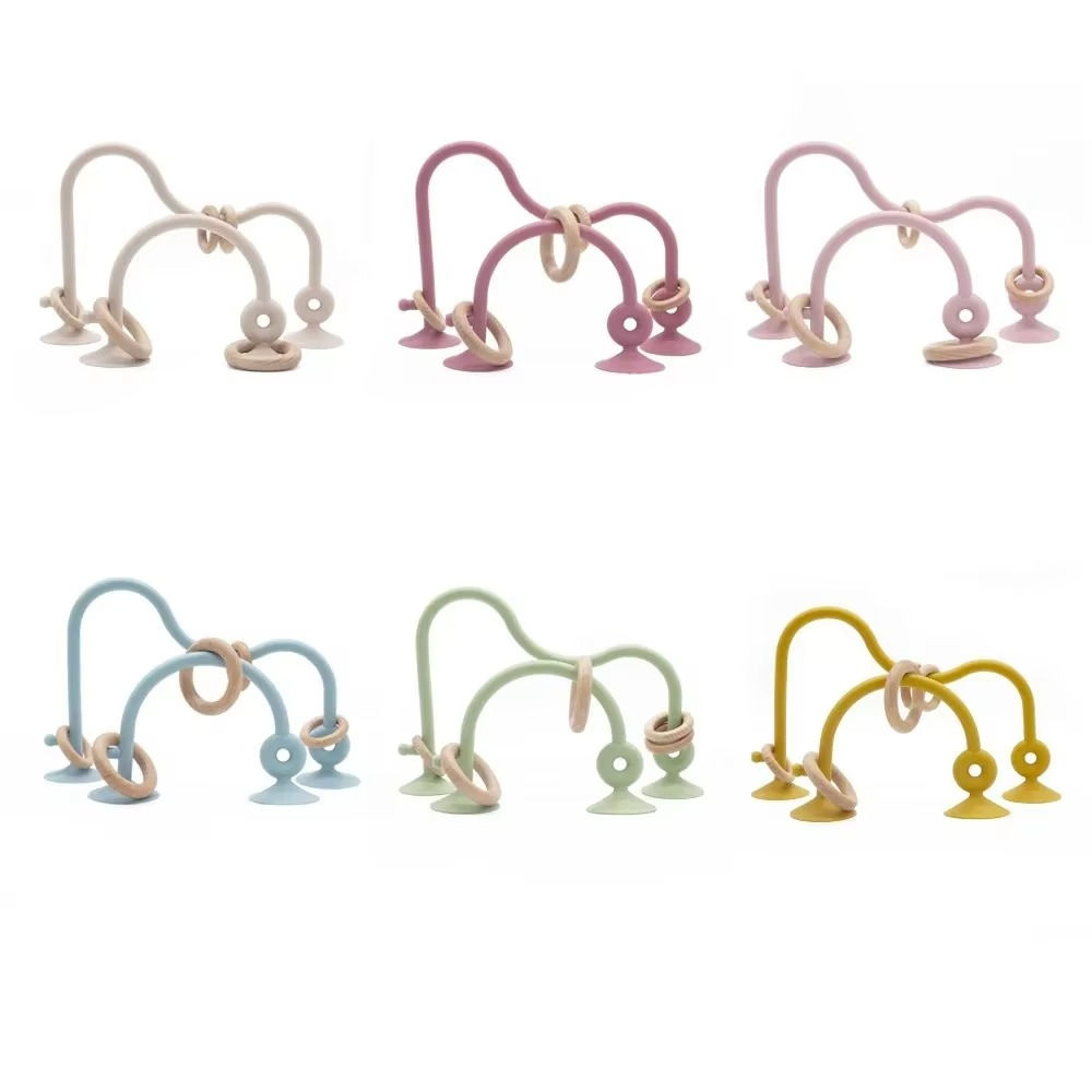 High Chair Suction Toy for High Chair Trays, Baby Suction Cup Toy with Large Suction Base, Food Grade Silicone and Wooden Rings, Sensory Toy 6-12 Months