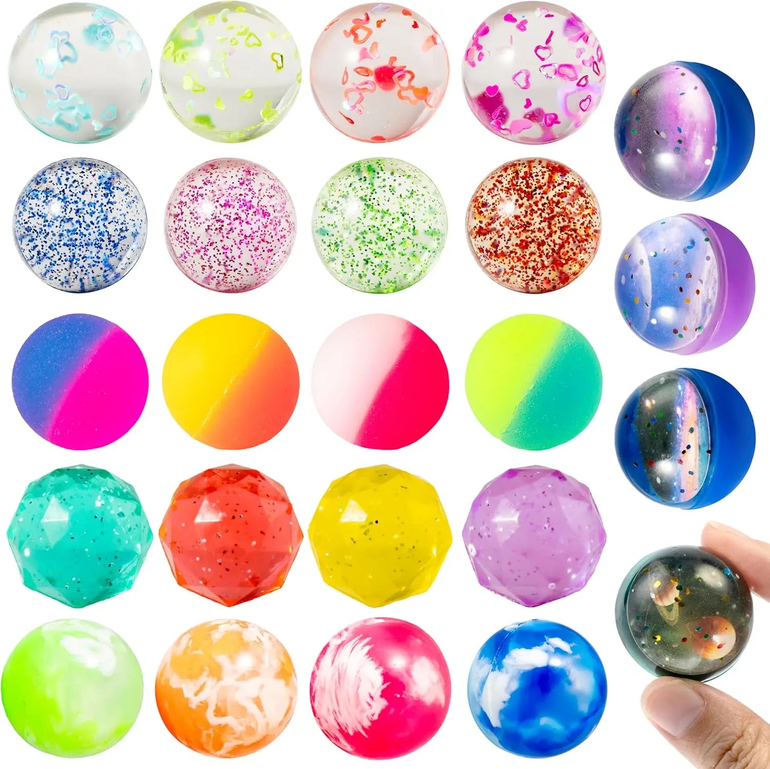 24 PCS Multistyle Bouncy Balls, 6 Styles 32mm Assorted Bouncy Balls Bulk with Storage Bag, Bounce Toys for Kids Party Favors Birthdays Gifts Goodie Bags Stuffers Carnival Prizes