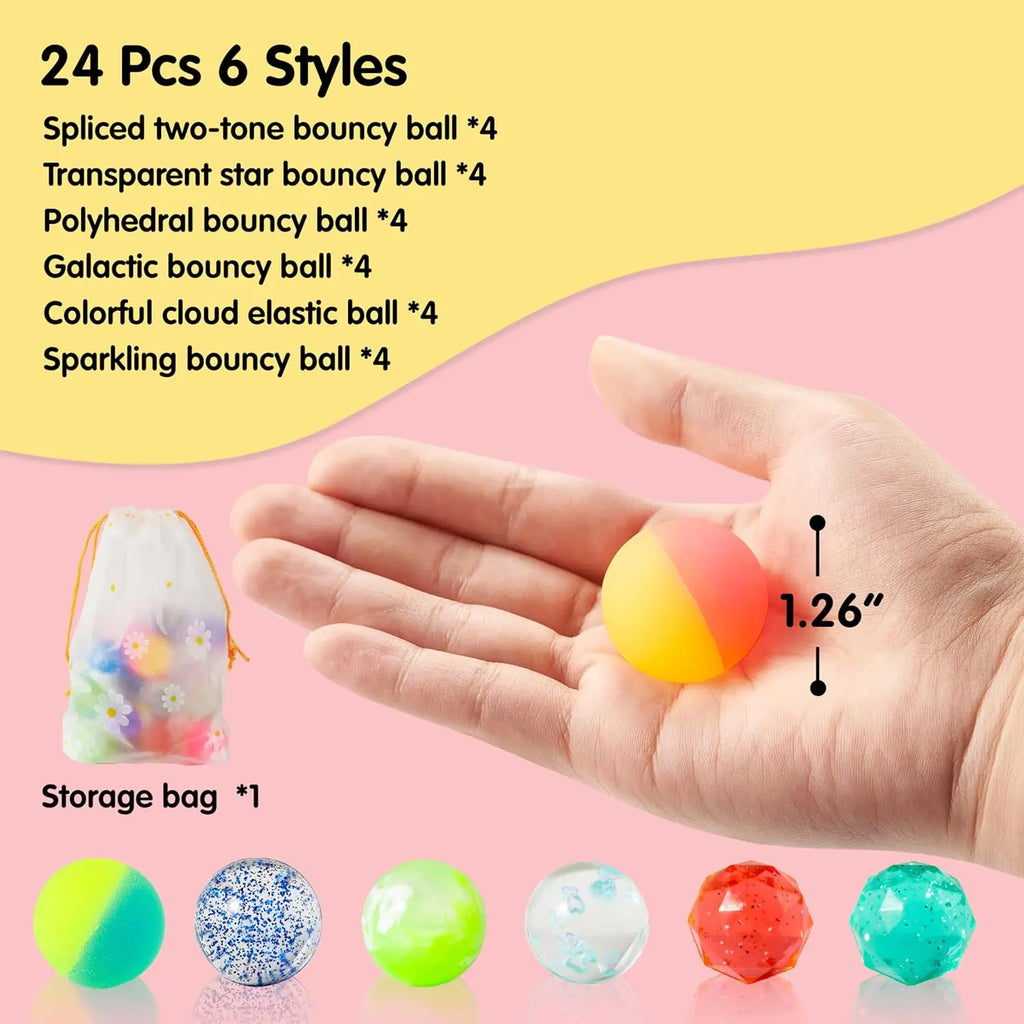 24 PCS Multistyle Bouncy Balls, 6 Styles 32mm Assorted Bouncy Balls Bulk with Storage Bag, Bounce Toys for Kids Party Favors Birthdays Gifts Goodie Bags Stuffers Carnival Prizes