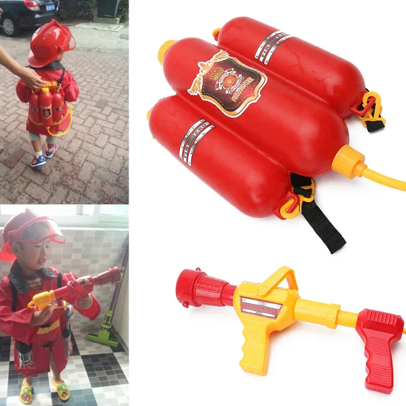 Firefighter Toys for Kids Ages 3+, 5-Piece Fireman Toys Set with Toy Fire Extinguisher, Backpack Water Gun, Whistle, Name Tag & Storage Bag, Summer Outdoor Water Blaster Soaker Gift Set