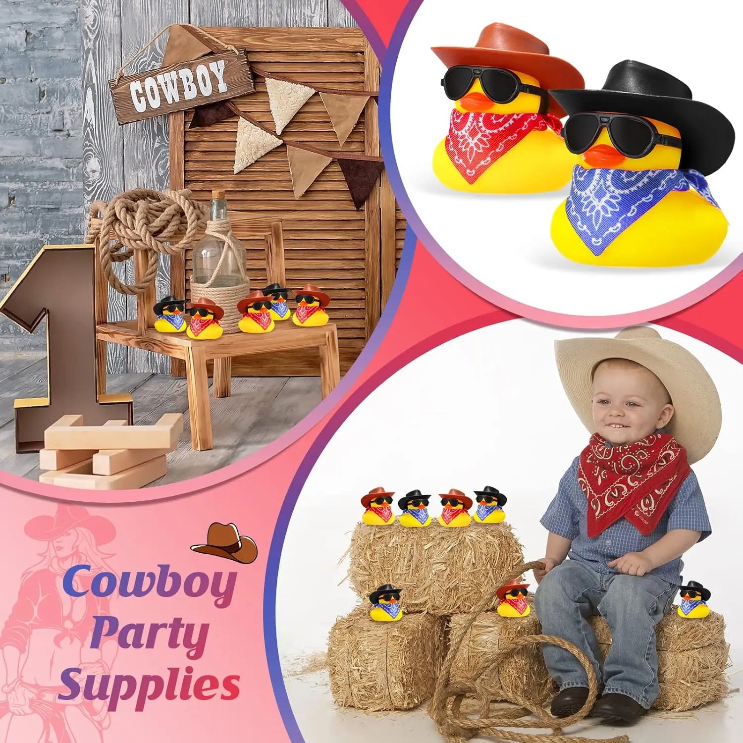 Cowboy Rubber Duck Mini Yellow Duckies Tiny Ducks Party Toys with Mini Cowboy Hat Paisley Bandana, Sunglasses for Baby Shower Birthday Gift Swimming Party Favor(Classic Style)