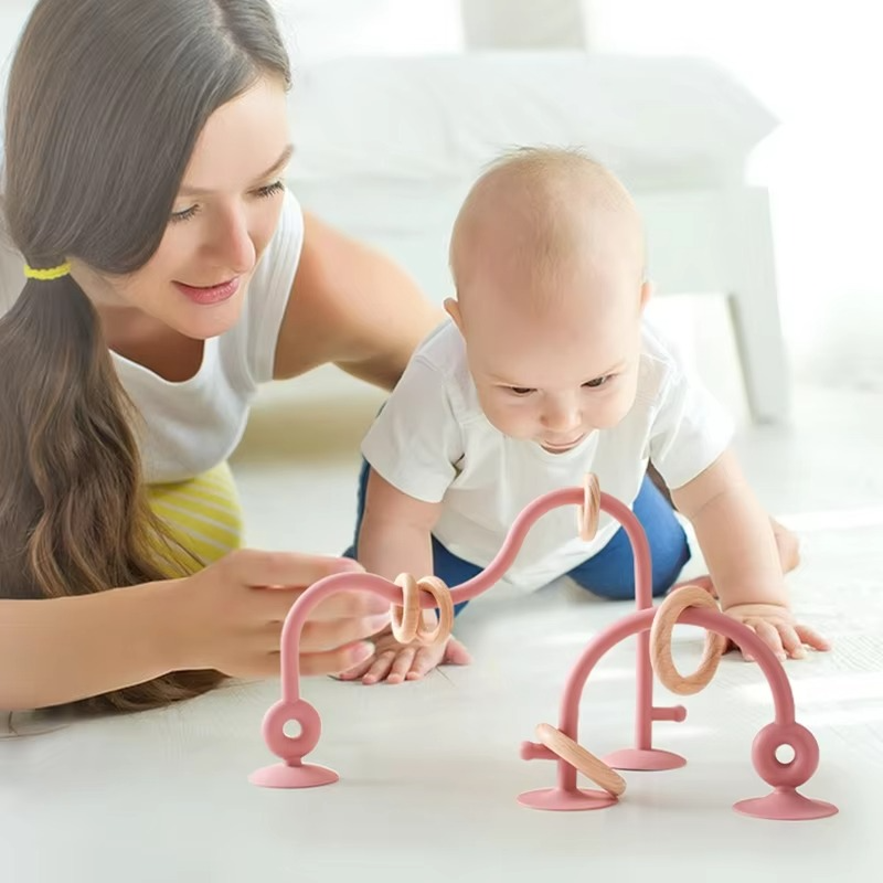 High Chair Suction Toy for High Chair Trays, Baby Suction Cup Toy with Large Suction Base, Food Grade Silicone and Wooden Rings, Sensory Toy 6-12 Months