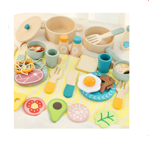 Wooden Kids Pretend Play Kitchen Set – Simulation Cookware Pot & Pan Toy, Early Education Role-Play Food Cooking Toys for Boys & Girls