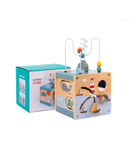 Wooden Activity Cube 5-in-1 for Toddlers – Montessori Animal Shape Sorter, Bead Maze & Educational Learning Toy, Early Development Toy for Babies 6–12 Months
